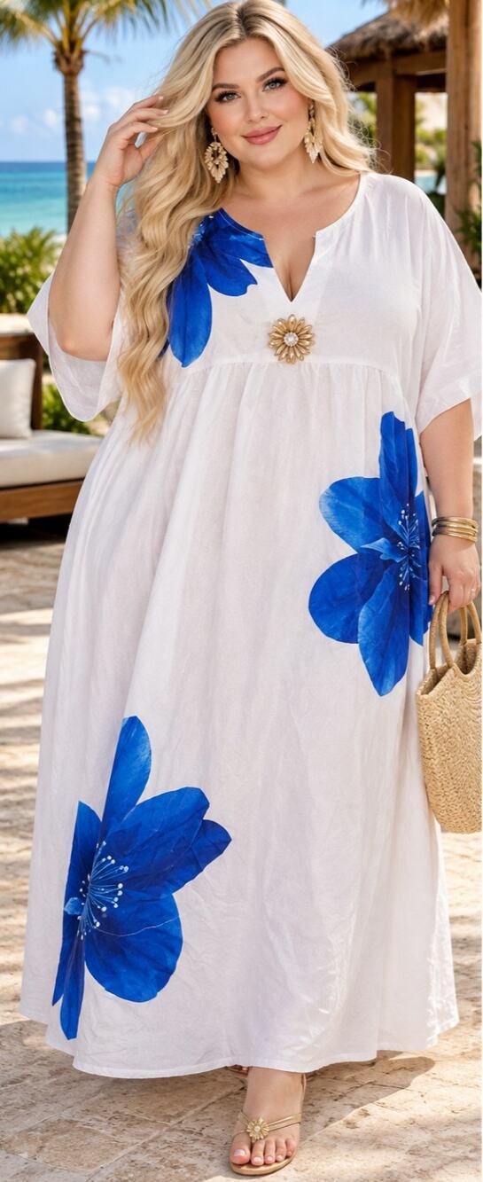 #2-11 MSRP $45 NWT OSHOPLIVE BLUE FLORAL MAXI KAFTAN DRESS ♡SIZE 5XL♡
